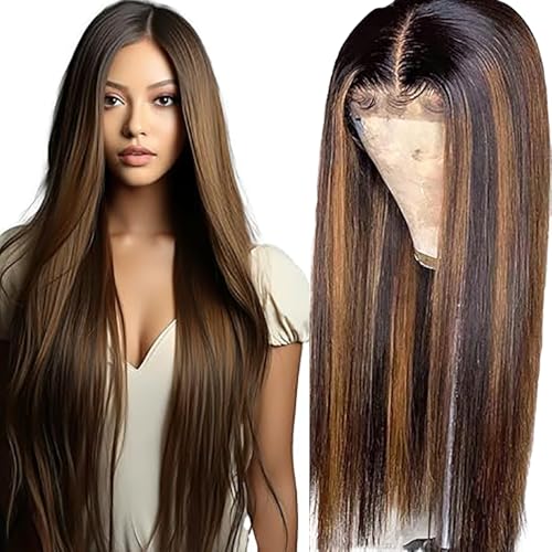 Salharer Echthaar Perücke für Damen Perücken Straight Human Hair Wig 13x6 Lace Front Wig Perücken Echthaar mit Babyhaar Any Part Highlight Brown Color 18 Inch von Salharer