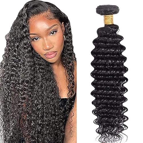 Salharer Echthaar Tressen Zum Einnähen Deep Wave Human Hair Bundles Double Weft Extensions Single Bündel Remy Haar #1B Natural Black Colore for Woman 20 Zoll von Salharer