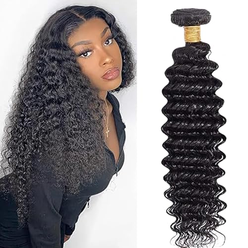 Salharer Echthaar Tressen Zum Einnähen Deep Wave Human Hair Bundles Double Weft Extensions Single Bündel Remy Haar #1B Natural Black Colore for Woman 22 Zoll von Salharer