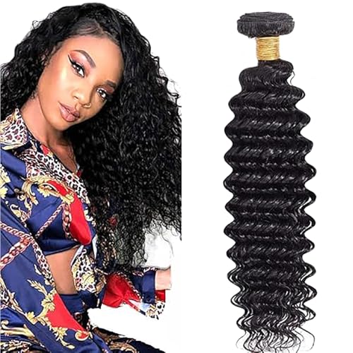 Salharer Echthaar Tressen Zum Einnähen Deep Wave Human Hair Bundles Double Weft Extensions Single Bündel Remy Haar #1B Natural Black Colore for Woman 24 Zoll von Salharer