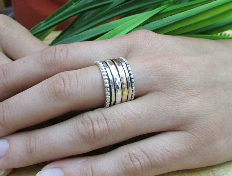 14K Gold Und Silber Spinner Ring, Breiter Ehering, Meditationsring, Sorgenring, Zweifarbiger Spinnring, Drehring, Boho Silberring von SaliJewelry
