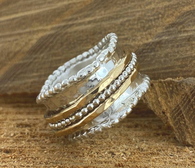 Boho Spinner Ring, 925 Sterling Silber &, 14K Gold, Statement Breiter Fidget Meditation Handgefertigter Schmuck, Zweifarbiger Ring von SaliJewelry