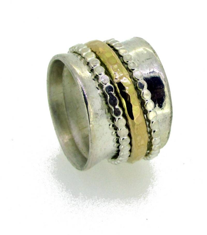 Gemischter Metall-Spinner-Ring, Sterlingsilber-Breitbandring, Zweifarbiger Ring, Gold - Und Silberring, Meditationsring, Drehring, Sorgenring von SaliJewelry