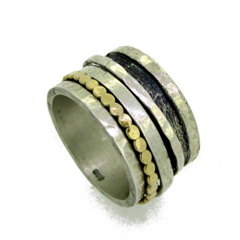 Spinner Ring Gemischt Metallband, Breiter Ehering, Gold Filled Und Sterling Silber Ring, Statement Meditation Gehämmert von SaliJewelry