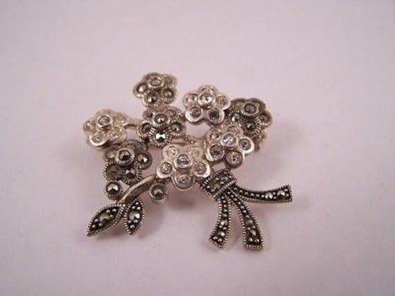 Antike Stil Massiv Silber Markasit & Paste Blumen Brosche von SallySales