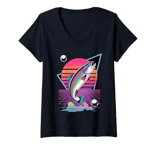 Damen Retro Synthwave Lachs Angeln Lachse T-Shirt mit V-Ausschnitt von Salmon Fishing Gifts