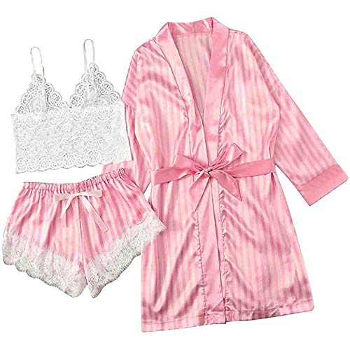 Damen Spitze Satin Robe 3 Stück Nachtwäsche Pyjama Set Weiche Bequeme Satin Nachtwäsche Set mit Robe Camisole Schlafshorts von SalmophC