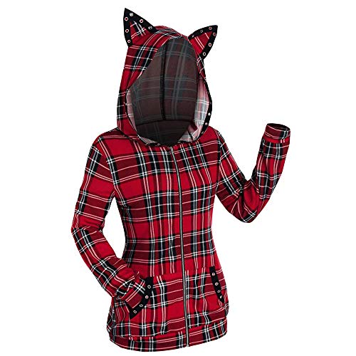 SalmophC Katzenohr Hoodie für Frauen, niedliche Katzenohren Hoodie Plaid Stripes Grid Tops Sweatshirts mit Reißverschlusstasche Casual Langarm Hoodie Sweatshirt von SalmophC