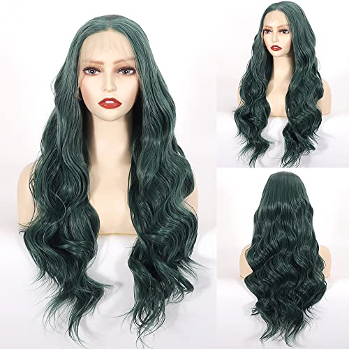 Salomezklm Blonde Perücke Ombre Blonde Front Perücke für Frauen, Lange Gewellte Lockige Synthetische Spitze Front Perücken mit Vorgezupftem (22 Zoll, Dunkelgrüne Wellige Lace Front Perücke) von Salomezklm