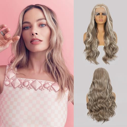 Salomezklm Blonde Perücke Ombre Blonde Front Perücken für Frauen, Lange Gewellte Lockige Synthetische Lace Front Perücke Blond mit Vorgezupftem 24 Zoll von Salomezklm