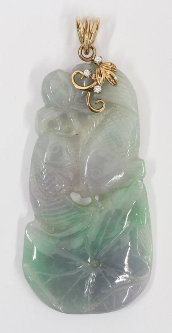 Große Art Deco Antik 14K Gold Diamant Jade Jadeit Anhänger Vintage von SalonClassique