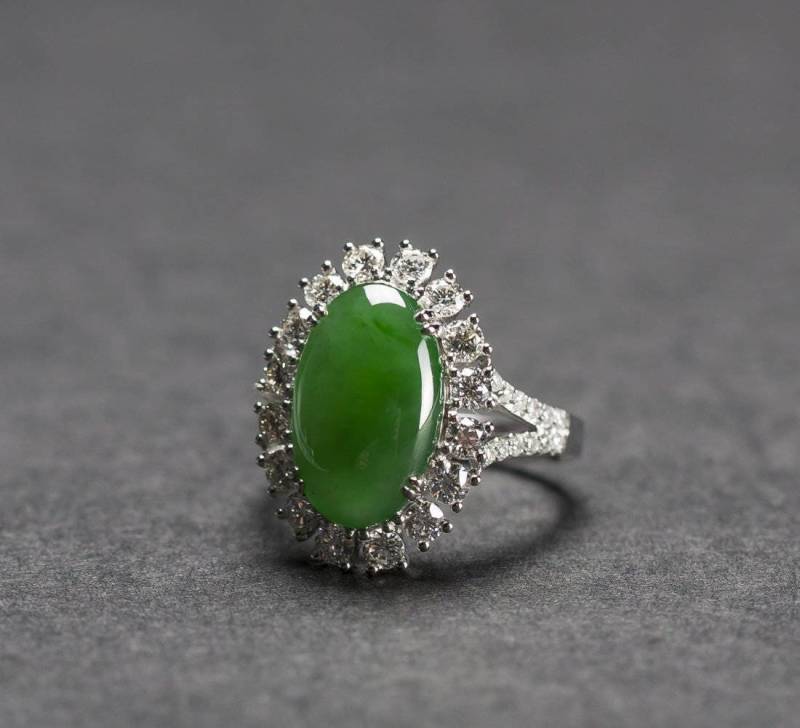 Hong Kong Certified 18K Weißgold Cabochon Jadeit Jade Ring Vintage Antik A Grade Fine Schmuck Urlaub Geschenk Weihnachten Neujahr von SalonClassique