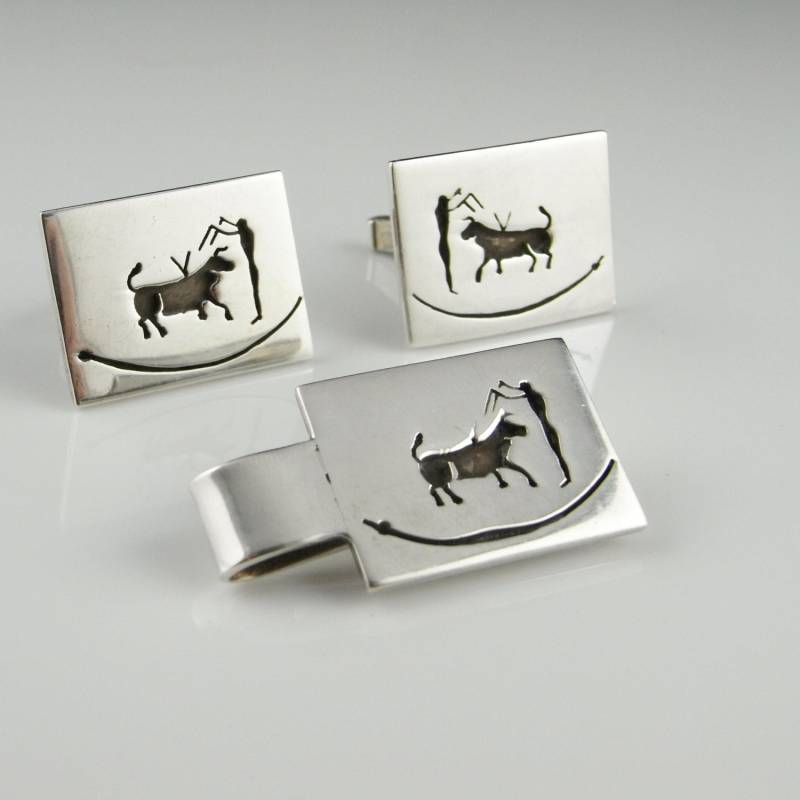 1950Er Jahre Vintage Toreador Manschettenknöpfe Krawattenklammer Set Herren Accessoires Sterling Silber Geschenke Für Papa Bräutigam von SalonUber