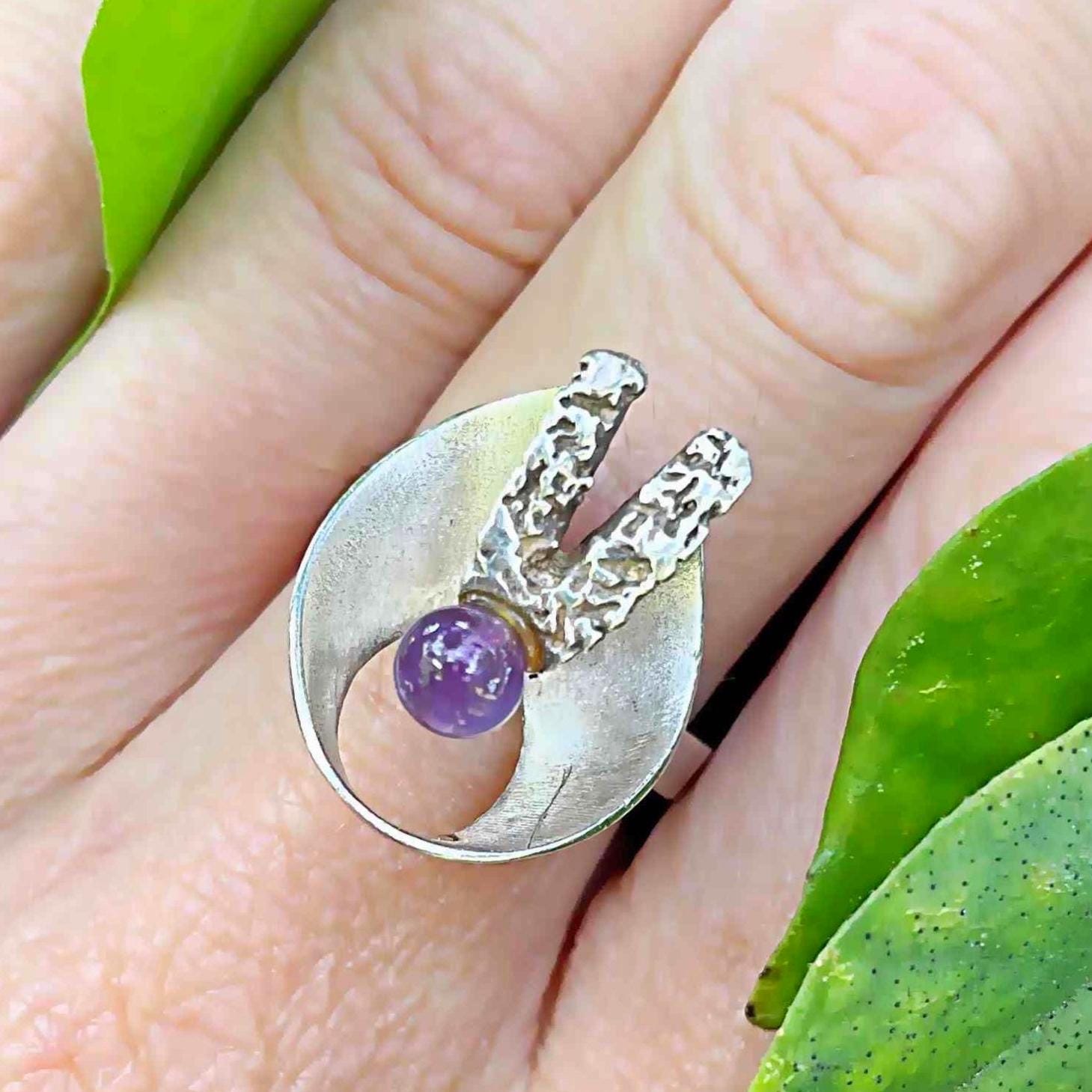 1970Er Jahre Amethyst Ring Silber Abstrakt Mid Century Modernist Unisex Schmuck Ringe von SalonUber