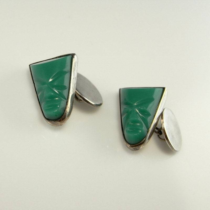 Art Deco 1930Er Jahre Azteken Chrysopras Feines Handgemachtes Vintage Sterling Silber Manschettenknöpfe Accessoires Schmuck Antik von SalonUber