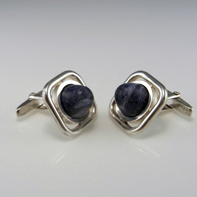 Blaue Sodalith Cabochon Sterling Silber Herren Manschettenknöpfe 1970S Designer Schmuck Vintage 925 Mid Century Geschenke Accessoires von SalonUber