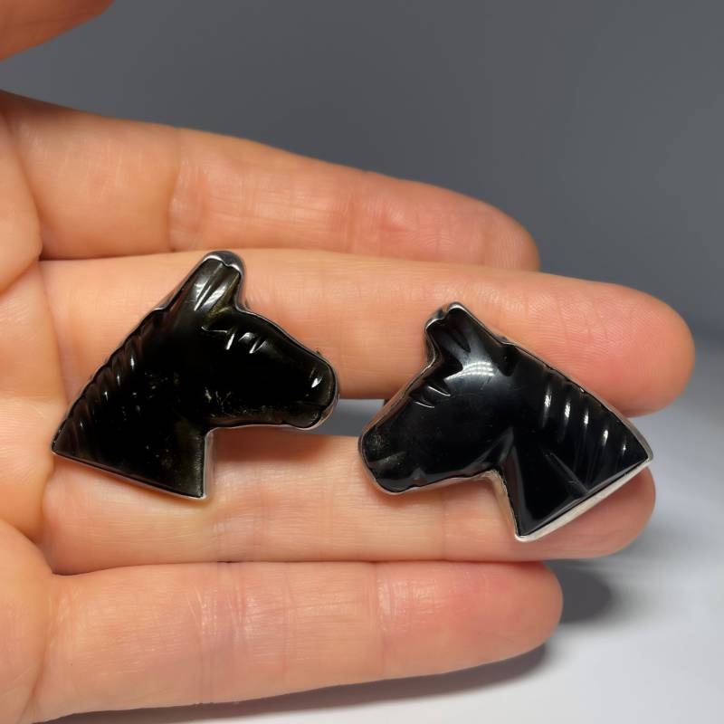 Obsidian Silber Manschettenknöpfe Herren Pferd Cameo Vintage von SalonUber
