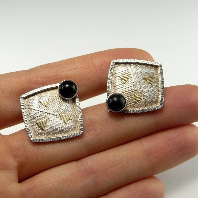 Onyx Silber 14K Gold Herren Manschettenknöpfe Handgefertigte Vintage Mit Box Als Geschenk Accessoires Jahrestag Geburtstag Weihnachten Valentinstag von SalonUber