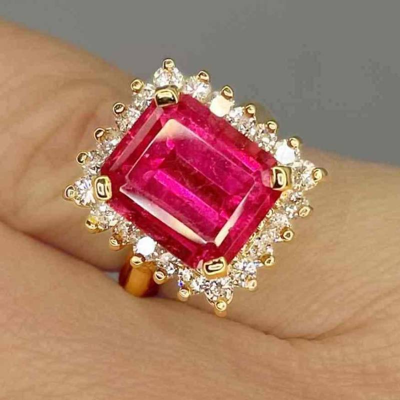 Pink Turmalin Diamant Halo Ring 12K Gold Einzigartige Emerald Cut Rubellit Rot Rosa Unikat Verlobungsring Pink Turmalin Diamant Halo Ring 12K Gold Einzigartige Emerald Cut Rubellit Rot Rosa Unikat Verlobungsring von SalonUber