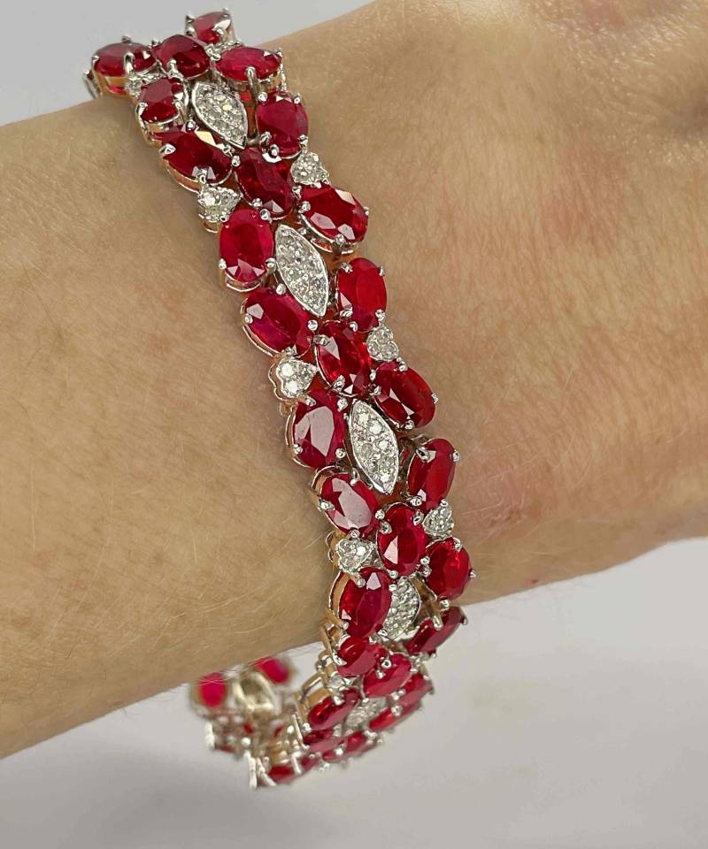 Schlichtes Rubin Diamant Tennis Armband 14K Weißgold Link Natürliches Oval Cut Ruby 585 von SalonUber