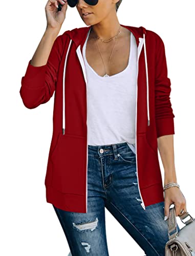 Saloogoe Leichte Kapuzenpullover mit Reißverschluss für Damen, Kapuzenpullover, langärmelig, dünne Jacke mit Reißverschluss, 02-rot, XL von Saloogoe