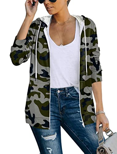 Saloogoe Leichte Kapuzenpullover mit Reißverschluss für Damen, Kapuzenpullover, langärmelig, dünne Jacke mit Reißverschluss, Camouflage, L von Saloogoe