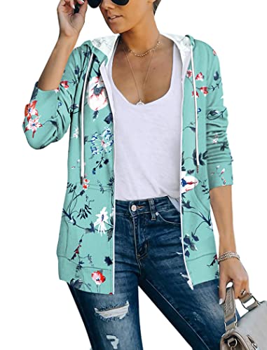 Saloogoe Leichter Kapuzenpullover mit Reißverschluss für Damen, Kapuzen-Sweatshirt, langärmelig, dünne Jacke mit Reißverschluss, 03-Floral 01, M von Saloogoe