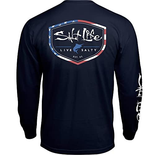 Salt Life Herren Amerishield Langarm, Klassische Passform T-Shirt, Verwaschenes Marineblau, Large von Salt Life