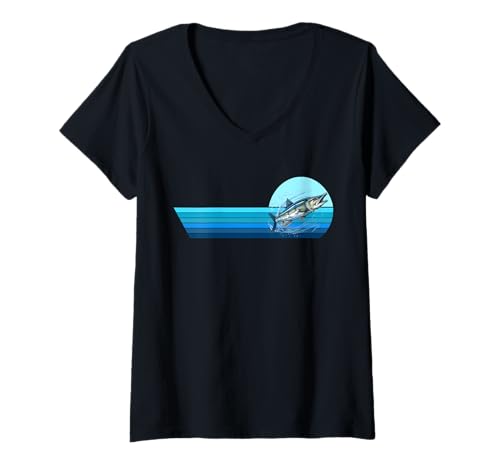 Damen Retro Barracuda Fischliebhaber Angeln Salzwasser Fisch Barracuda T-Shirt mit V-Ausschnitt von Saltwater Barracudas Fish Lover Fishing