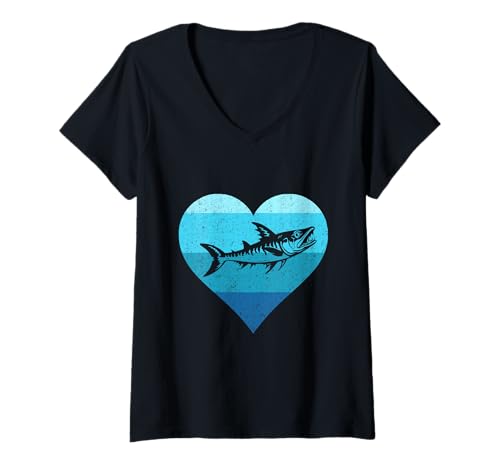 Damen Retro Salzwasser Fisch Liebhaber Herz Barracuda Angeln Barracuda T-Shirt mit V-Ausschnitt von Saltwater Barracudas Fish Lover Fishing