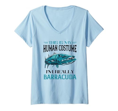 Damen Salzwasser Fisch Barracuda Fischliebhaber Menschenkostüm Barracuda T-Shirt mit V-Ausschnitt von Saltwater Barracudas Fish Lover Fishing