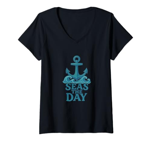 Damen Seas The Day Lustiges nautisches Wortspiel im Meer, Sommer T-Shirt mit V-Ausschnitt von Salty Breeze Adventure Emporium