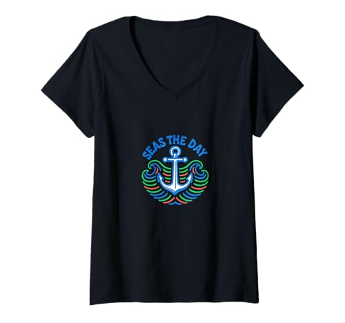 Damen Seas The Day Lustiges nautisches Ozean-Wortspiel Sommer Design T-Shirt mit V-Ausschnitt von Salty Breezes Adventure Emporiums