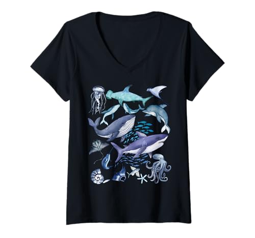 Damen Retro Ocean Wildlife – Shark, Fish & Octopus Vibes T-Shirt mit V-Ausschnitt Damen Retro Ocean Wildlife – Shark, Fish & Octopus Vibes T-Shirt mit V-Ausschnitt von Salty Tide Threads