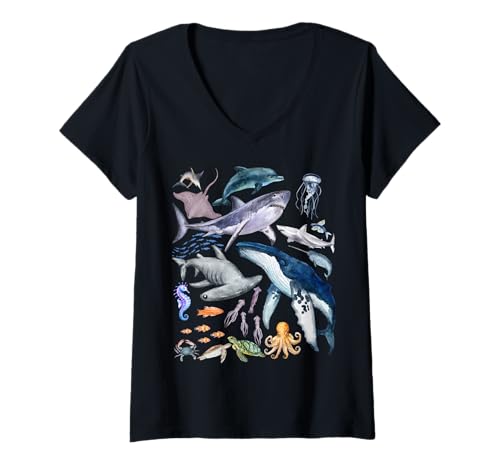 Damen Retro Ocean Wildlife – Shark, Fish & Octopus Vibes T-Shirt mit V-Ausschnitt Damen Retro Ocean Wildlife – Shark, Fish & Octopus Vibes T-Shirt mit V-Ausschnitt von Salty Tide Threads
