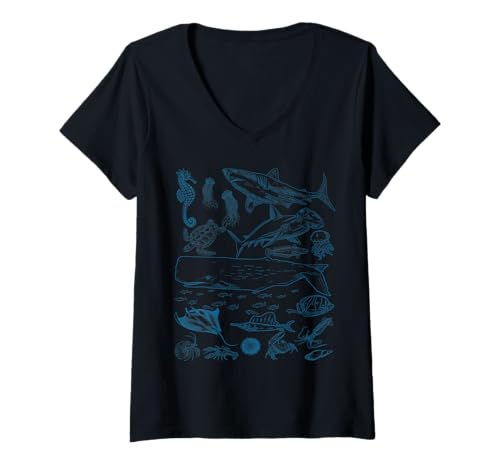 Damen Retro Ocean Wildlife – Shark, Fish & Octopus Vibes T-Shirt mit V-Ausschnitt Damen Retro Ocean Wildlife – Shark, Fish & Octopus Vibes T-Shirt mit V-Ausschnitt von Salty Tide Threads