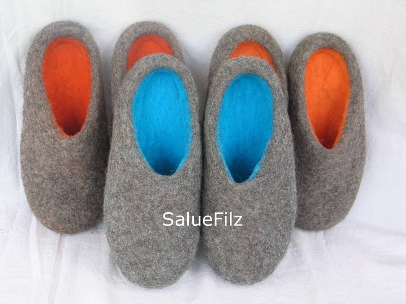 Filzpantoffeln Gr 36-47 Filzschuhe Gummisohle Filzsohle Hausschuhe Herren Grau Blau Finken Hüttenschuhe Puschen von SalueFilz