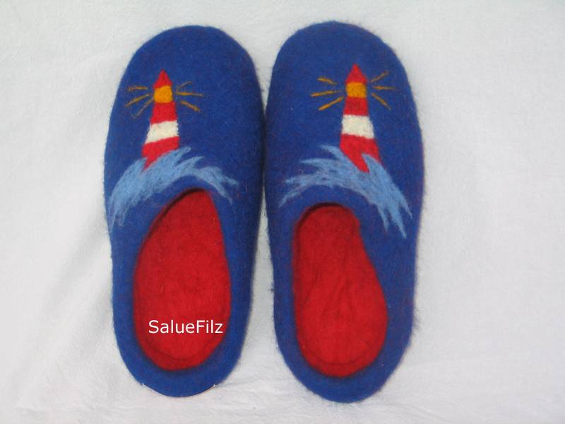 Filzschuhe Leuchtturm Filzpantoffeln Hausschuhe Damen Gr 36-47 Herren Filzsohle Gummisohle Hüttenschuh Puschen Finken von SalueFilz