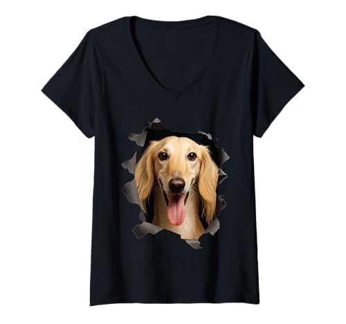 Damen Saluki T-Shirt mit V-Ausschnitt von Saluki Dog