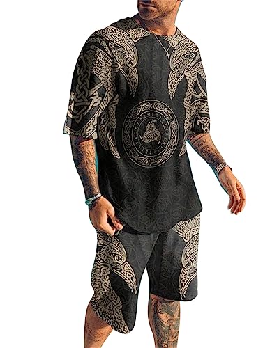 Herren 2 Stück Outfits Wikinger gedruckte Tropical Sommer Sets Kurzarm T-Shirt und Shorts Sets Lässiges Strand Jogginganzug Set von Salutebaba