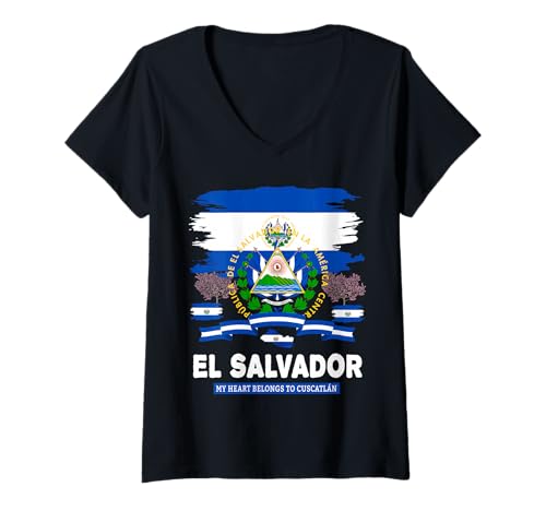 Damen EL Salvador Flaggen-Outfit Idee für Frauen und hispanische Salvadorianische T-Shirt mit V-Ausschnitt von Salvadoran Flag Costume Ideas For Kids & Toddlers