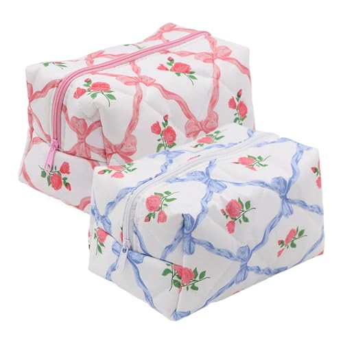 2 Stück Gesteppte Make-up-Tasche mit Blumenmuster | Große Kapazität Kosmetiktasche | Baumwoll ästhetische Schleife Kulturbeutel | Multifunktionaler Kosmetiktasche Reise Set für Damen Mädchen von Salyeeluly