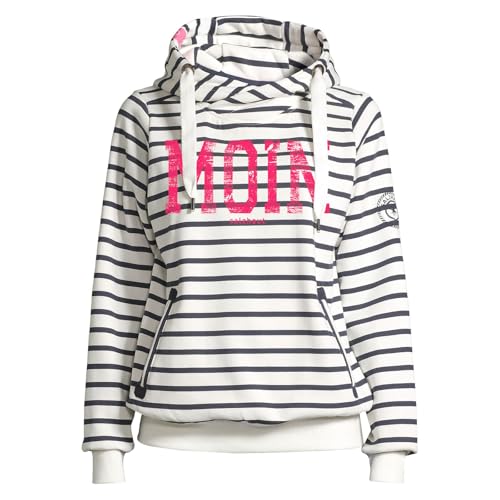 Salzhaut Damen Hoodie Sünn mit Moin-Print - Modischer Kapuzenpullover mit Kapuze mit Kordelband in Navy-Offwhite-Neon-Pink Größe L von Salzhaut