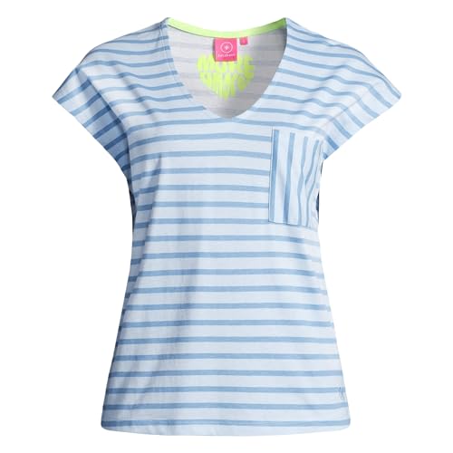 Salzhaut Damen T-Shirt Lunkohr mit Streifen und V-Neck - Streifenshirt mit Brusttasche in Ice Blue Größe XXL von Salzhaut