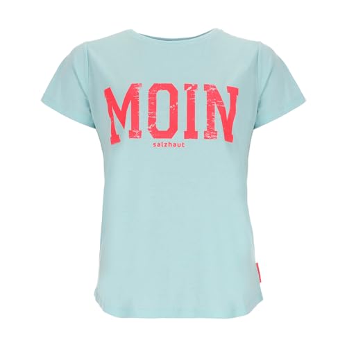 Salzhaut Damen T-Shirt Steentje mit Moin-Print - Modisches Kurzarm-Shirt mit Rundhalsausschnitt in Aqua-Neon Pink Größe S von Salzhaut