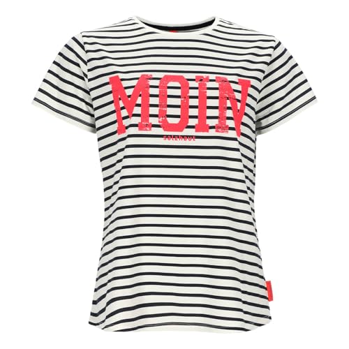 Salzhaut Damen T-Shirt Steentje mit Moin-Print - Modisches Kurzarm-Shirt mit Rundhalsausschnitt in Navy Offwhite-Neon Pink Größe M von Salzhaut