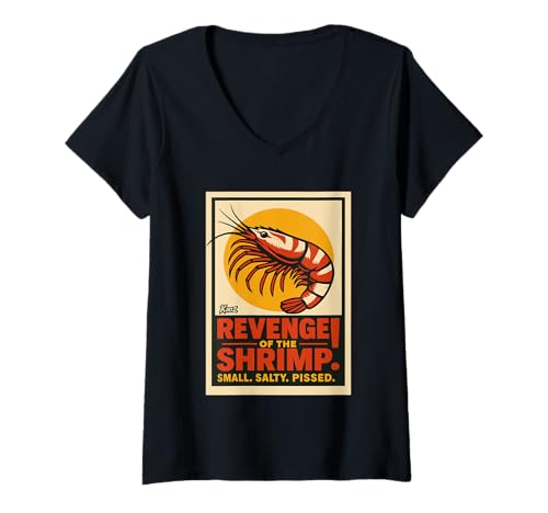 Damen Rache der Garnele Lustiges Wütendes Meerestiere Design T-Shirt mit V-Ausschnitt von Salzige Krustentier Rebellion