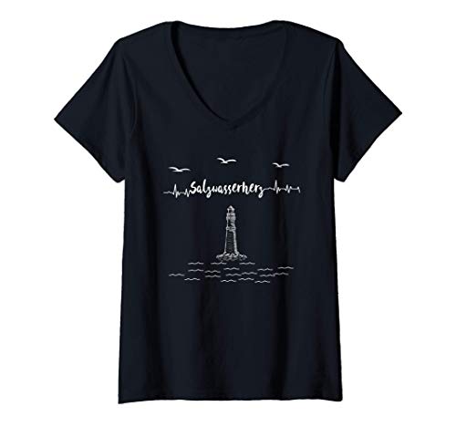 Damen Salzwasserherz Leuchtturm Herzschlag und Meer T-Shirt mit V-Ausschnitt von Salzwasser Herzschlag Leuchtturm Meer