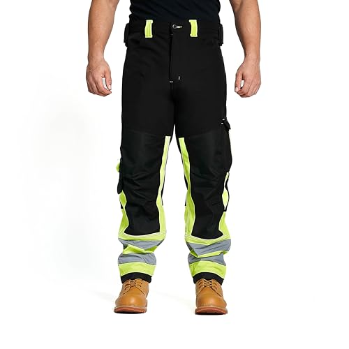 Sam Caan® Hi Vis Herren-Arbeitshose, Softshell-Hose, hohe Sichtbarkeit, reflektierend, wasserabweisend, Cargohose, regenfest, winddicht, Sicherheits-Arbeitskleidung, Bauarbeitshose, von Sam Caan