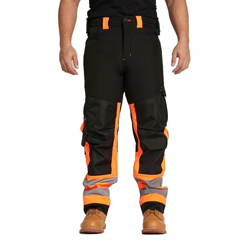 Sam Caan® Hi Vis Herren-Arbeitshose, Softshell-Hose, hohe Sichtbarkeit, reflektierend, wasserabweisend, Cargohose, regenfest, winddicht, Sicherheits-Arbeitskleidung, Bauarbeitshose, von Sam Caan